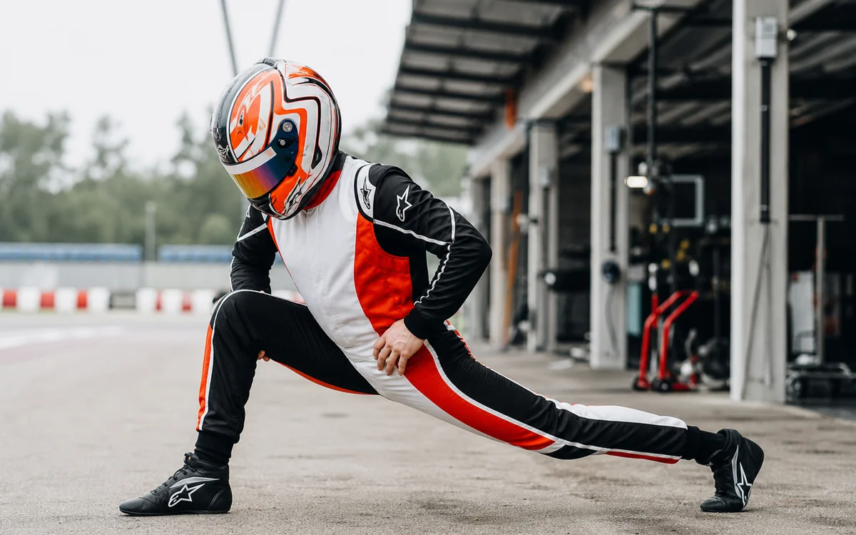 Piloto de kart con casco en zona de boxes tras sesión intensa