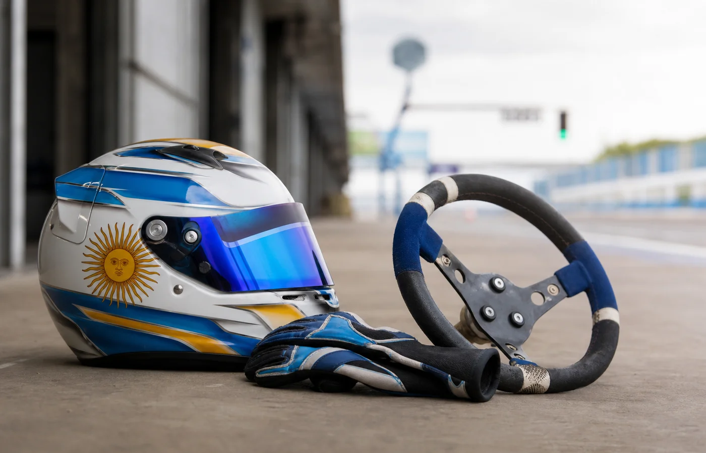 Casco, guantes y volante de kart sobre superficie de boxes